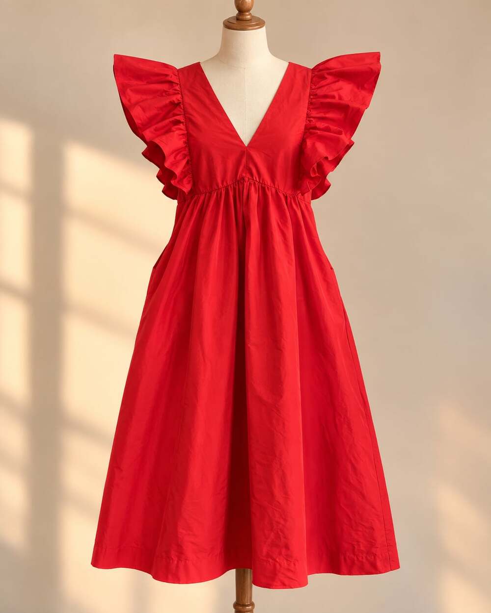 Maeve Anthropologie Red Ruffle Flutter Sleeve Empire Waist Midi Dress M